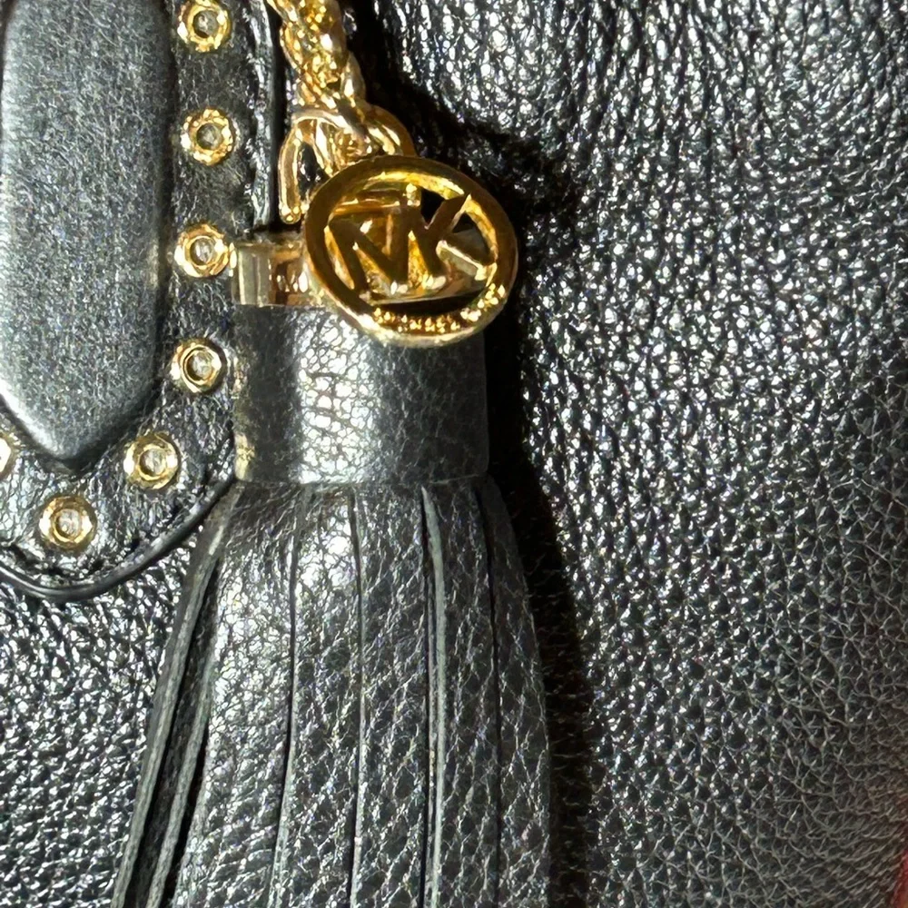 Michael Kors Black Pebbled Leather Brooklyn Satchel Bag/Gold Studs 13”x 8”x 4.5” - Picture 8 of 14